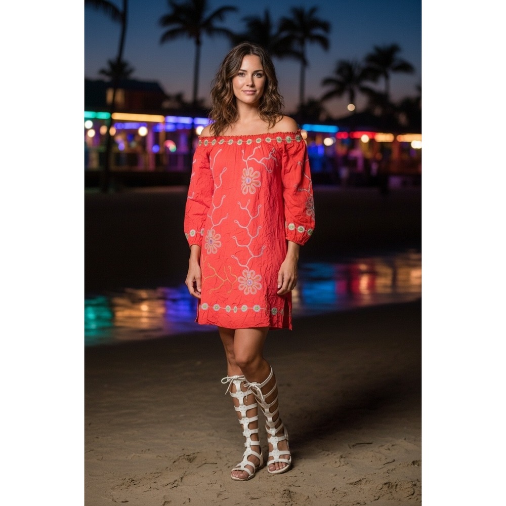 POUPETTE ST BARTH Red Embroidered Mini Dress Womens Medium Boho Vintage Vibe